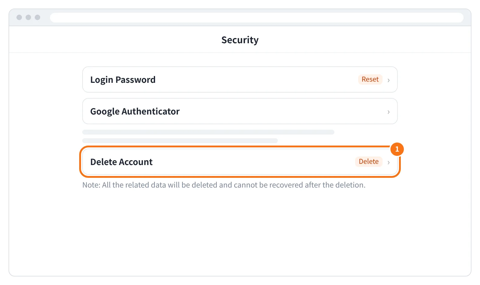 예시 화면: 계정 보안(Security) 화면 아래쪽 Delete Account 의 Delete 를 누르는 모습
