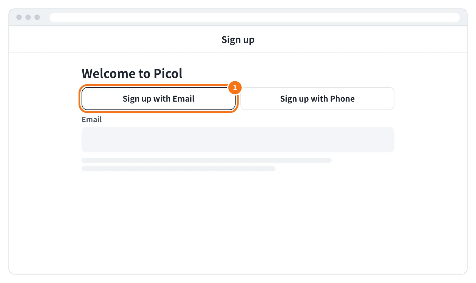 예시 화면: 가입 화면에서 Sign up with Email 과 Sign up with Phone 중 이메일을 고르는 모습