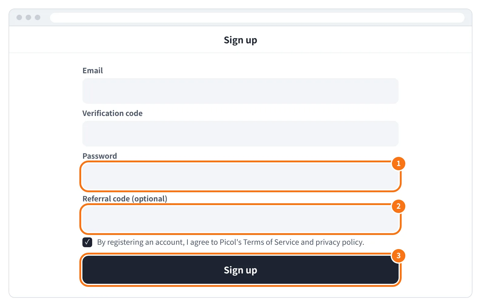 예시 화면: Password 와 Referral code (optional) 칸을 채우고 Sign up 을 누르는 모습