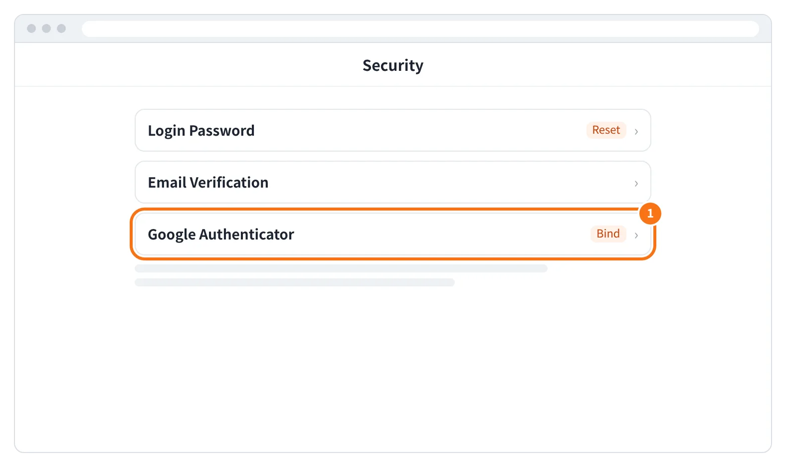 예시 화면: 계정 보안(Security) 화면에서 Google Authenticator 옆 Bind 를 누르는 모습