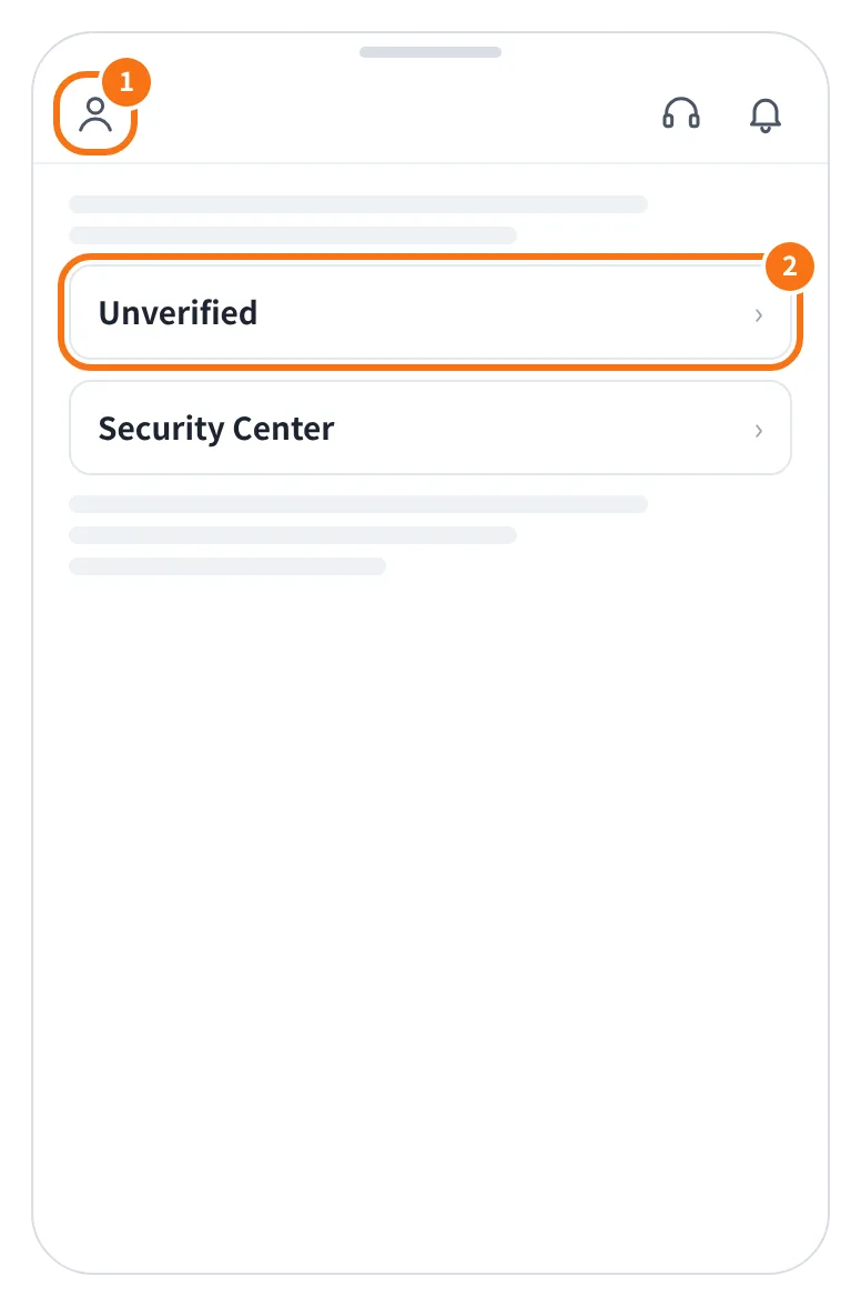 예시 화면: 앱 왼쪽 위 프로필을 누른 뒤 Unverified 표시를 누르는 모습 (다음 화면 아래쪽의 Verify 로 시작)