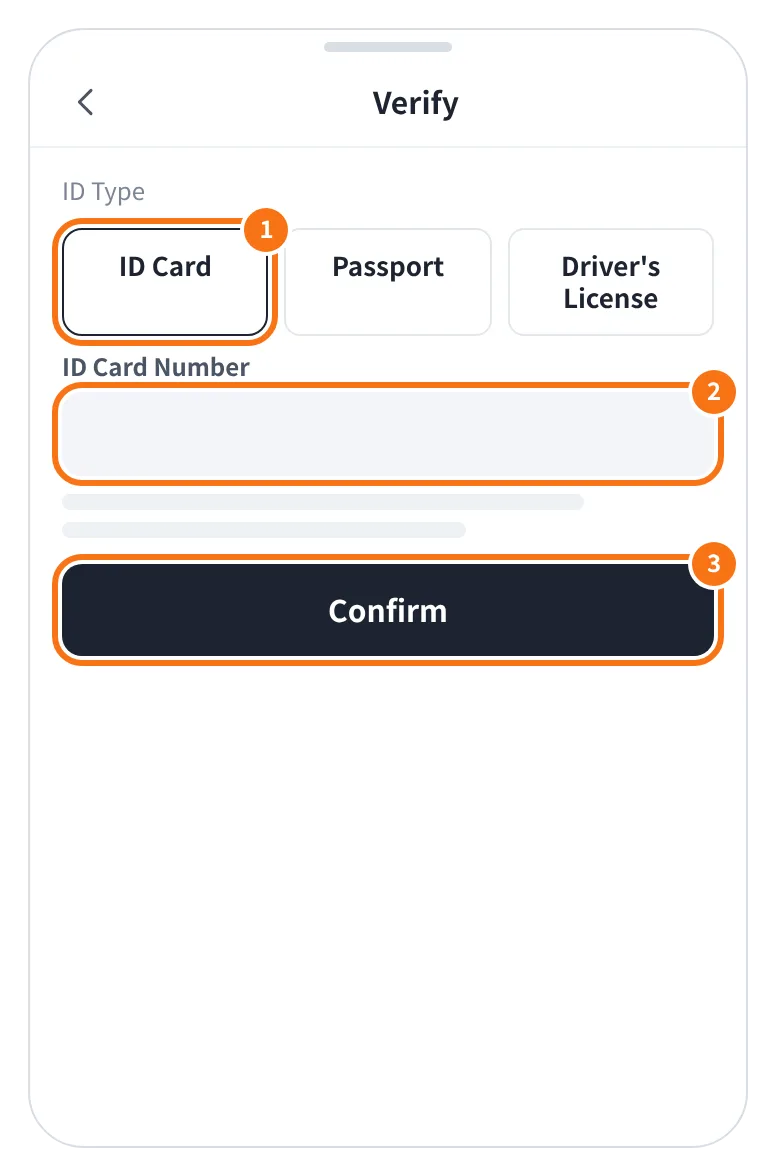 예시 화면: ID Type 에서 주민등록증·여권·운전면허증 중 하나를 고르고 ID Card Number 를 넣은 뒤 Confirm 을 누르는 모습