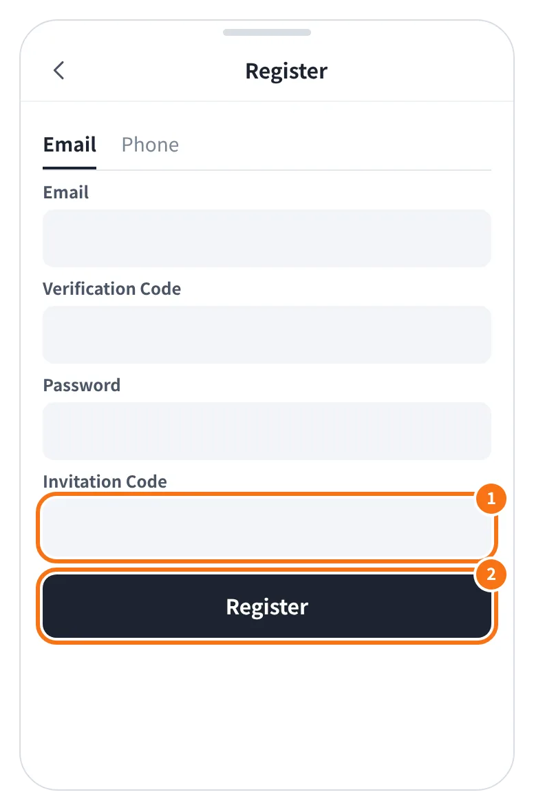 예시 화면: Register 화면 아래의 Invitation Code 칸 — Register 를 누르기 전에 코드를 확인한다