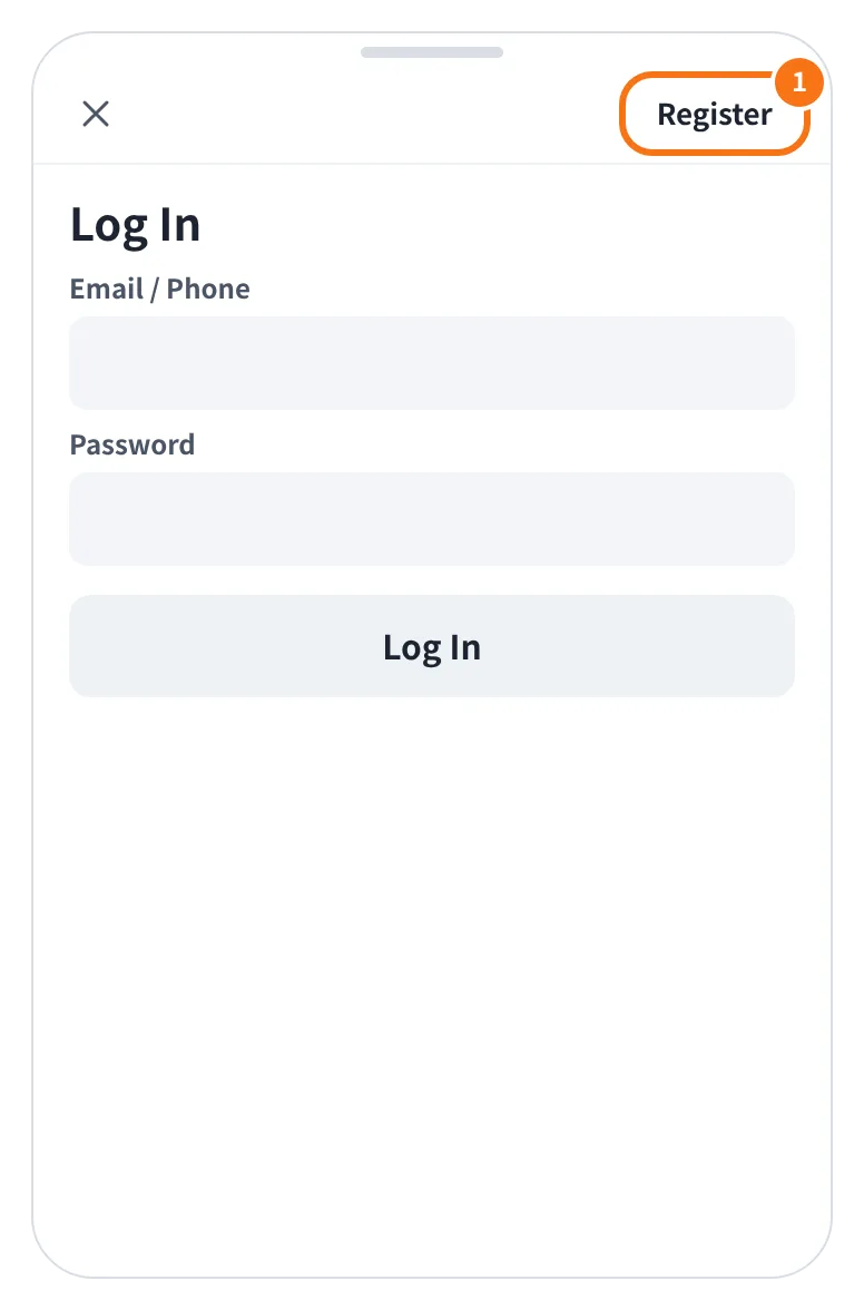 예시 화면: 앱의 Log In / Register 를 누른 뒤 나온 로그인 화면에서 오른쪽 위 Register 를 누르는 모습