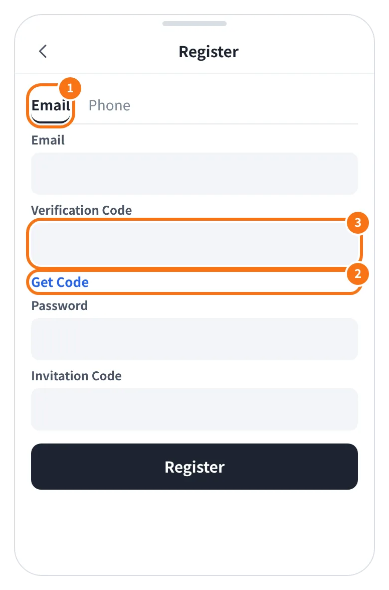 예시 화면: Register 화면에서 Email 을 고르고 주소를 넣은 뒤 Get Code 를 눌러 받은 인증 코드를 넣는 모습