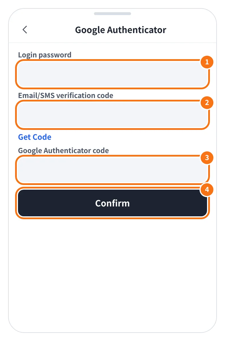 예시 화면: Google Authenticator 연결 마지막 화면에서 로그인 비밀번호·이메일(문자) 인증 코드·OTP 6자리를 넣고 Confirm 을 누르는 모습 (웹은 Submit)