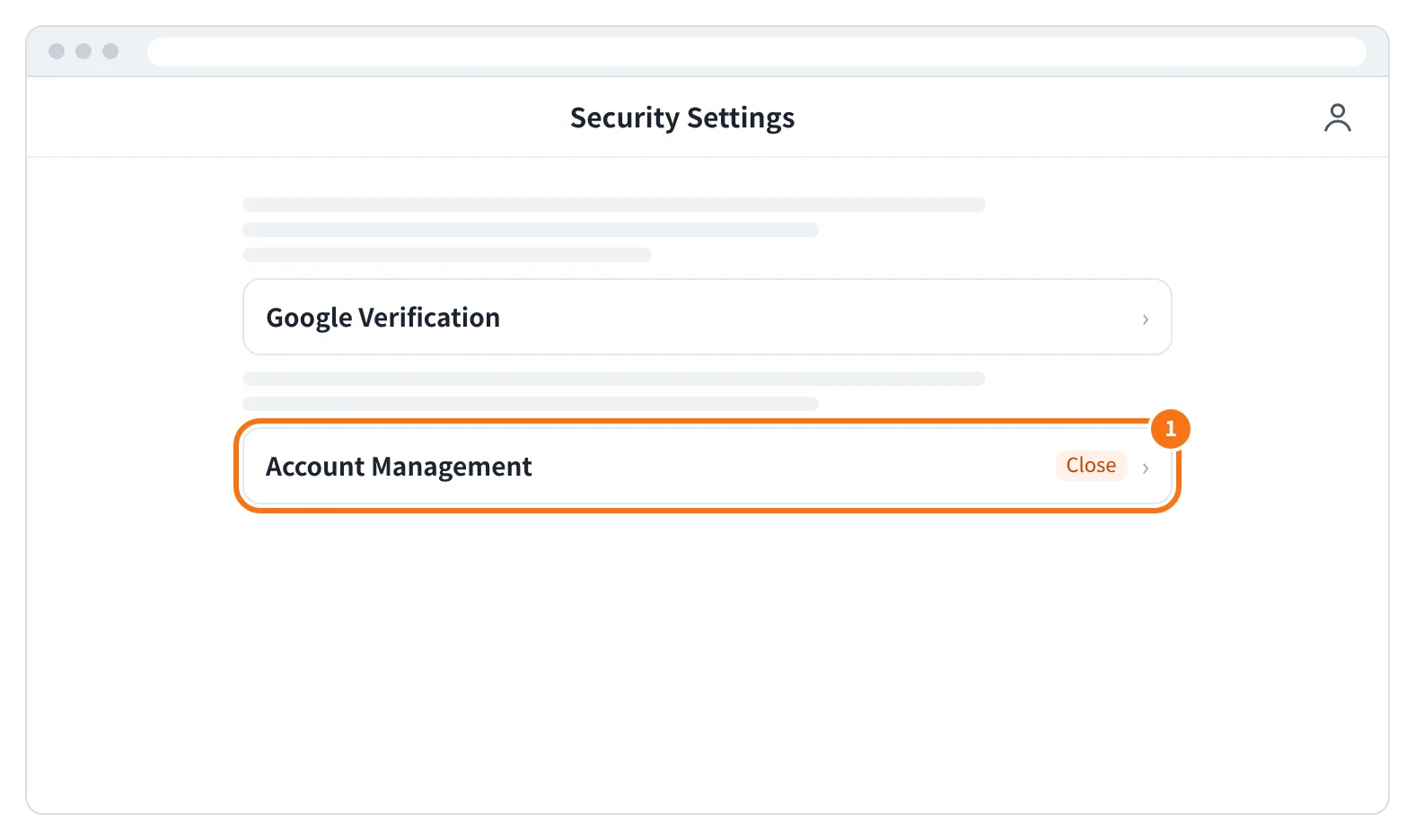 예시 화면: Security Settings 맨 아래 Account Management 의 Close 를 누르는 모습